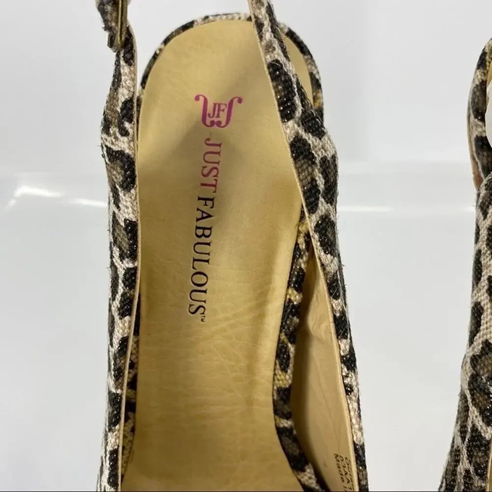 JustFab cheetah metallic cork sling back heels gold brown black buckle size 7.5